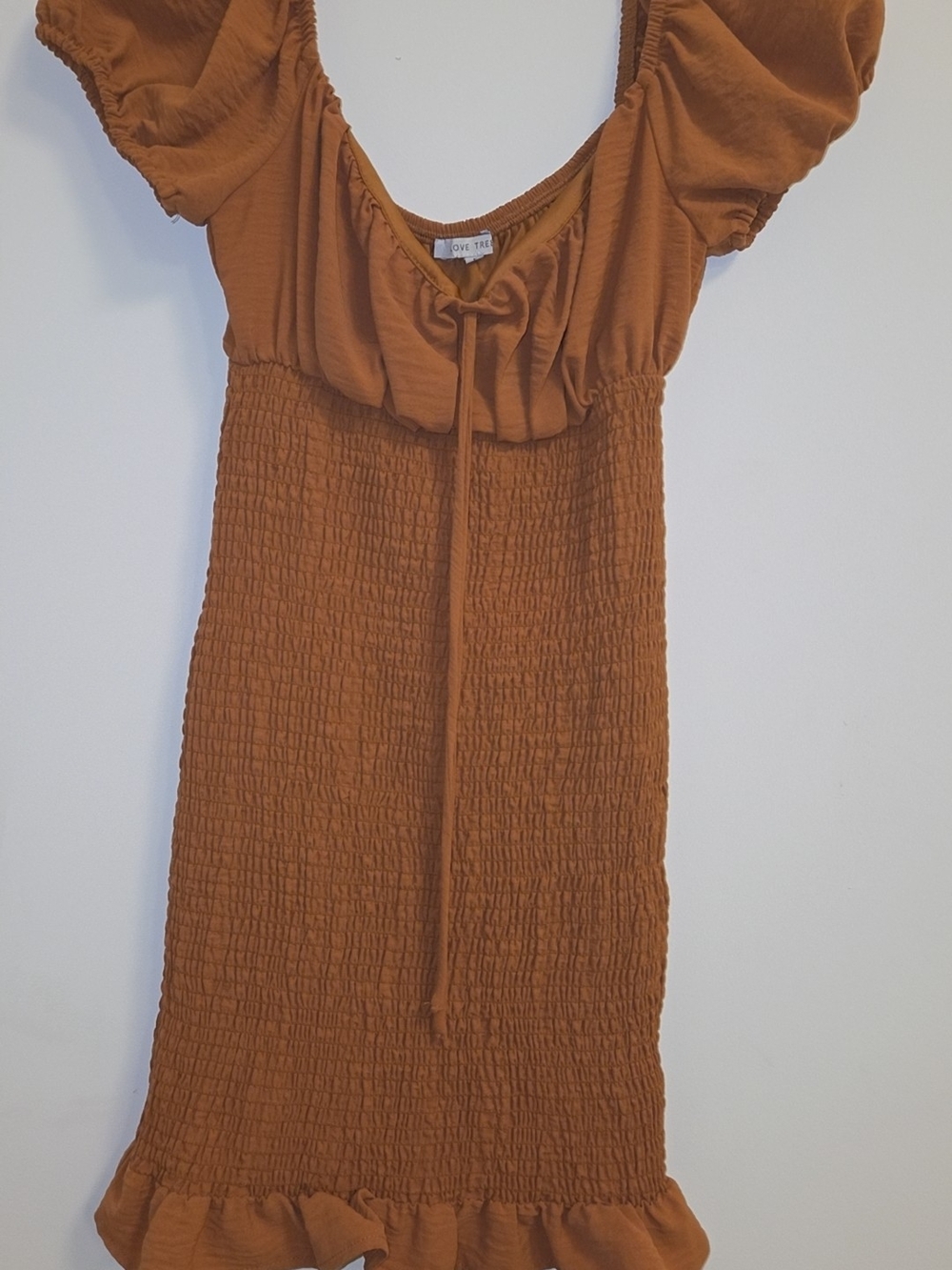 Love Tree Rust Brown Smocked Midi with Puff Sleeves